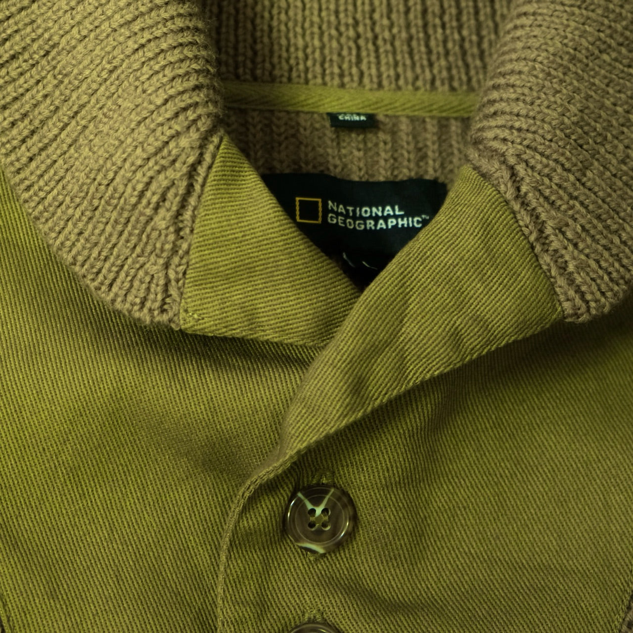 ナショナルジオグラフィック ミリタリーアウトドアニット ショールカラー エルボーパッチ - 古着屋 sio