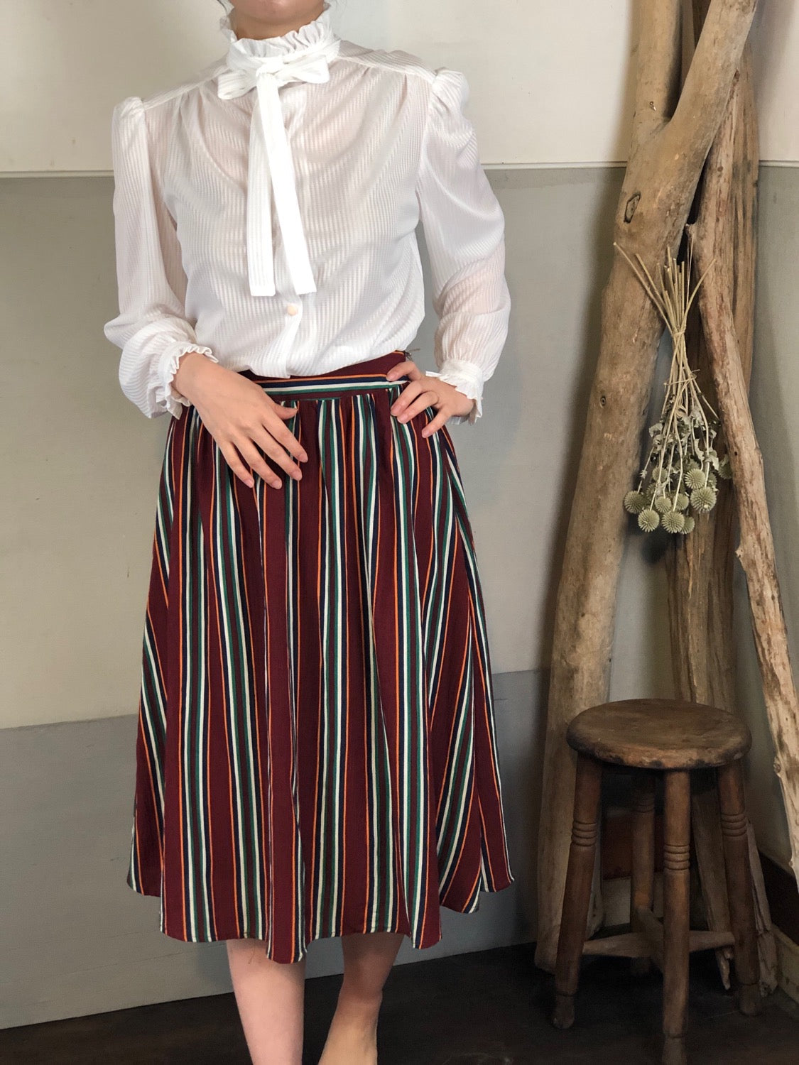 フランスヴィンテージ リボン スタンドカラーブラウス(ホワイト) - 古着屋 sio