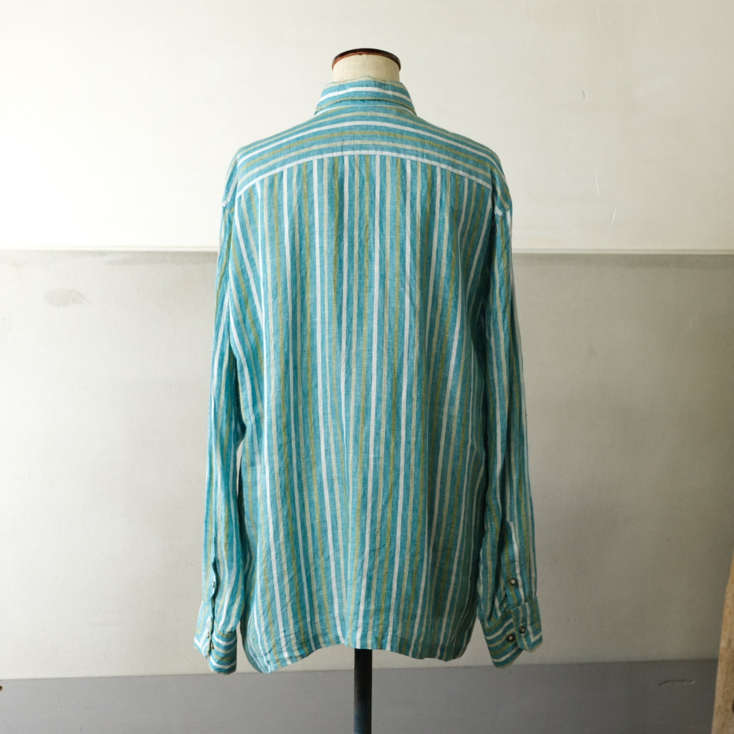 エメラルドグリーン リネンストライプシャツ - 古着屋 sio