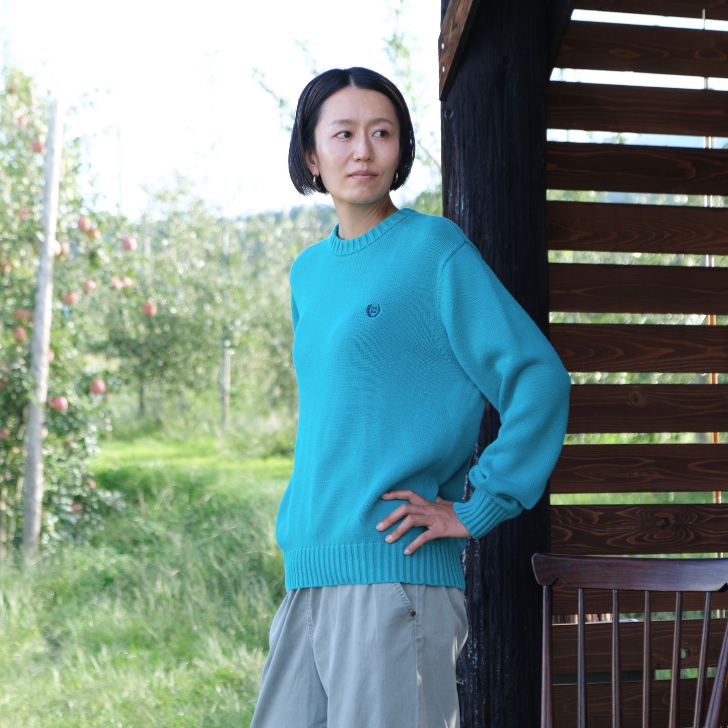 ターコイズブルーコットンニットセーター - 古着屋 sio