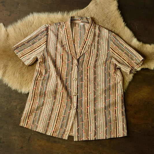 70s 唐辛子パターン オープンカラー ブラウスシャツ 開襟シャツ - 古着屋 sio