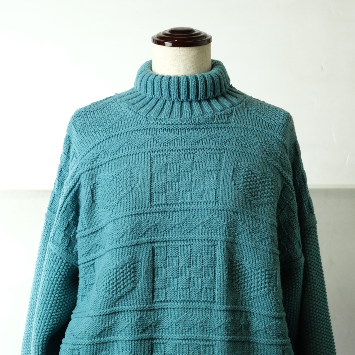 アメリカ古着 ターコイズブルー ハート編み ハイネックニットセーター