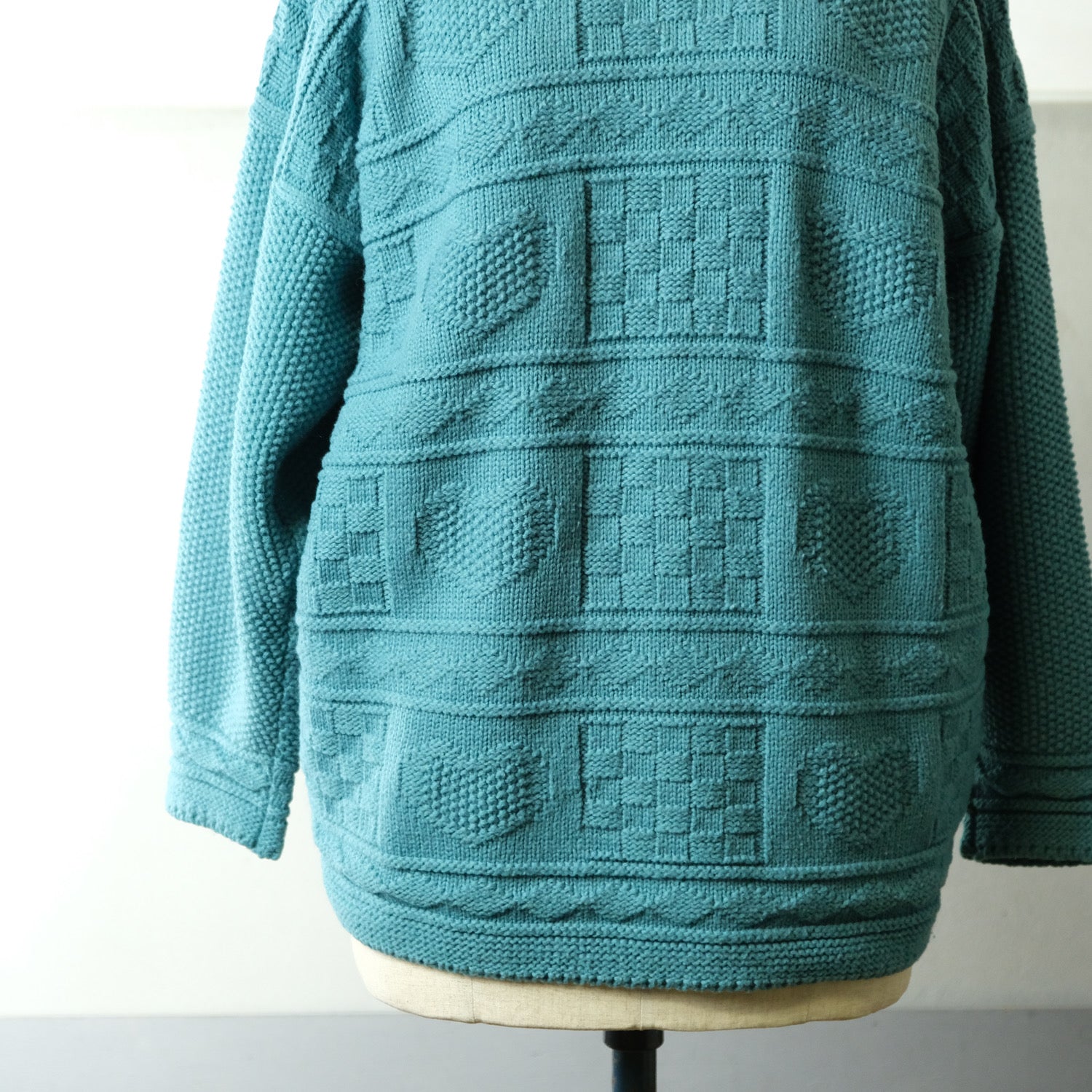 アメリカ古着 ターコイズブルー ハート編み ハイネックニットセーター 