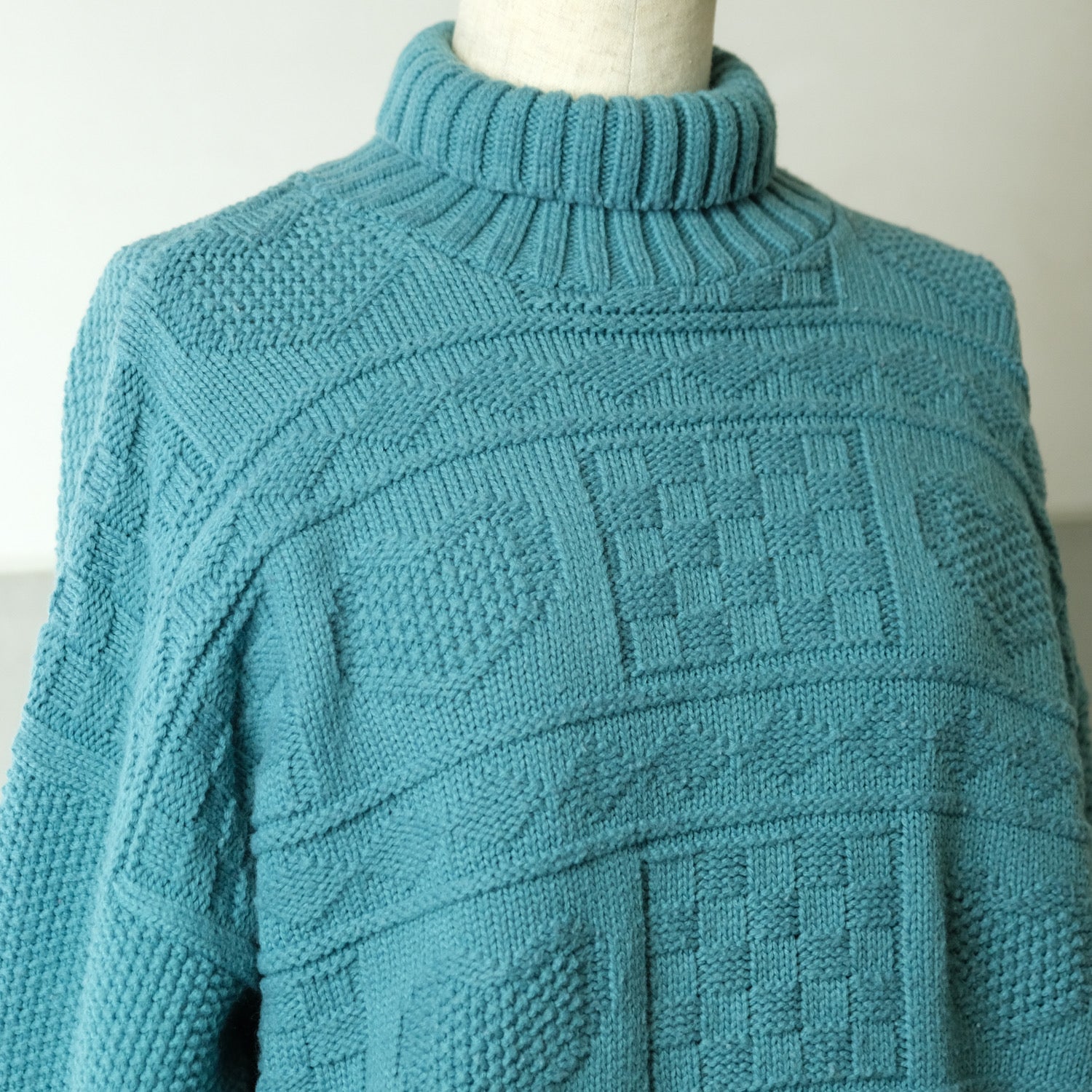 アメリカ古着 ターコイズブルー ハート編み ハイネックニットセーター 